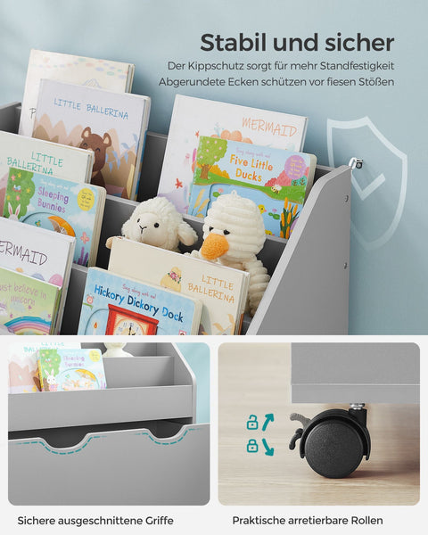 Rootz Toy Shelf on Wheels - Kids Organizer - Storage Unit - 3 Shelves - MDF - 29.5x62.5x70cm - Grey