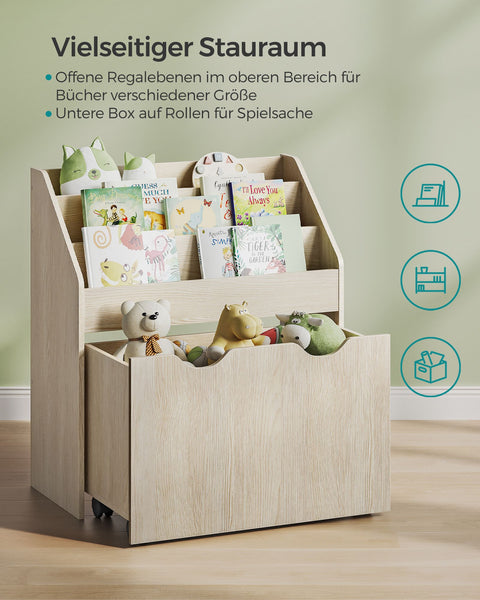 Rootz Toy Shelf with 3 Shelves on Wheels - Beige - MDF - Chipboard - 29.5cm x 62.5cm x 70cm - Mobile Organizer - Kids Storage Solution