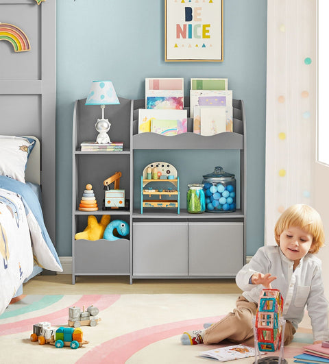 Rootz Kids Bookshelf with Storage Boxes - Toy Organizer - Bookcase - 45kg Load Capacity - 30x93x100cm - Grey
