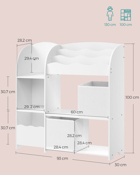 Rootz Children's Shelf with 2 Boxes - Storage for Toys & Books -  White - Space Saver - 30cm x 93cm x 100cm