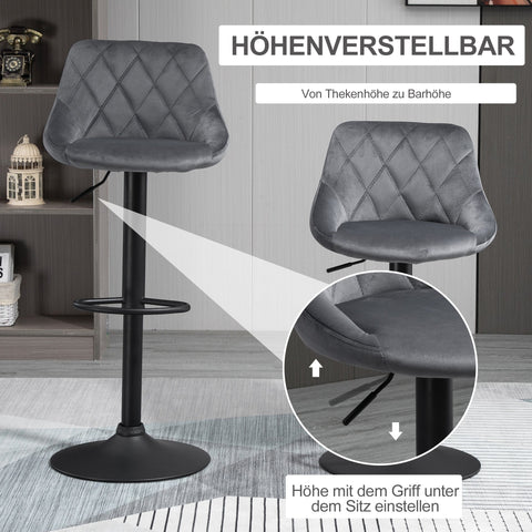 Rootz Set of 2 Bar Stools - Height Adjustable Chairs - Swivel Seats - Velvet Upholstery - Ergonomic Comfort - 46x48x83-104cm, Grey