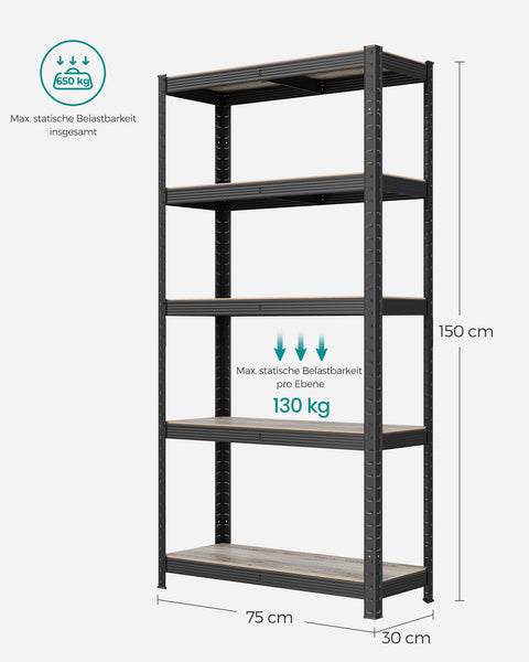 Rootz Storage Rack - Shelving System - Utility Rack - Steel and MDF - Rust-Resistant - Adjustable Shelves - 150cm x 75cm x 30cm