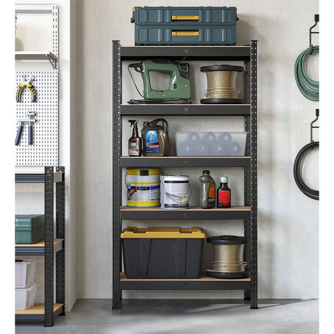 Rootz Heavy Duty Storage Rack - Black Shelf Organizer - Steel Frame - Sturdy MDF Shelves - 30cm x 75cm x 150cm - 130kg Capacity