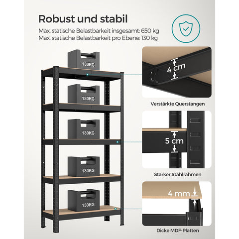 Rootz Heavy Duty Black Storage Rack - Shelving Unit - Steel Frame - MDF Shelves - Large Capacity - Easy Assembly - 30cm x 75cm x 150cm