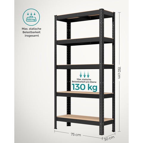 Rootz Heavy Duty Black Storage Rack - Shelving Unit - Steel Frame - MDF Shelves - Large Capacity - Easy Assembly - 30cm x 75cm x 150cm