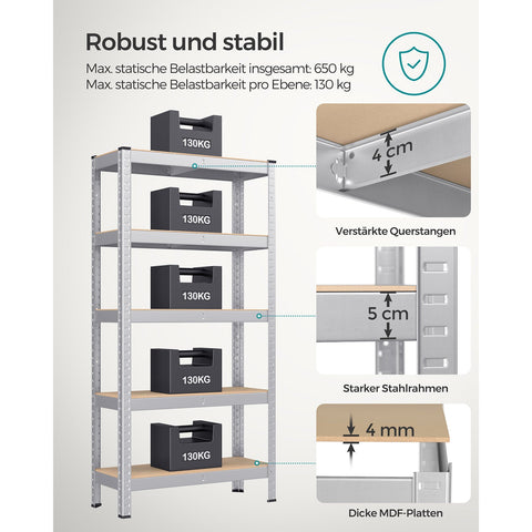Rootz Storage Rack - Shelving Unit - Metal Rack - Galvanized Steel - 30cm x 75cm x 150cm - Heavy Duty - 130kg Load Capacity