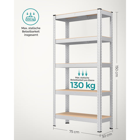 Rootz Heavy Duty Storage Rack - Shelving Unit - Metal Rack - Galvanized Steel - MDF - 30cm x 75cm x 150cm - 9.3kg - 130kg Shelf Capacity - 650kg Total Capacity