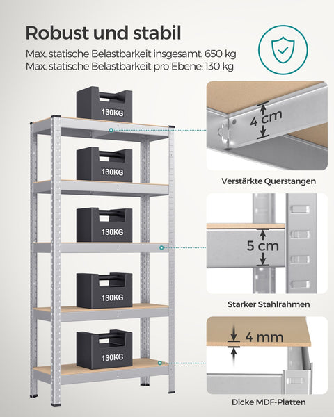 Rootz 2 Pack Storage Rack - Shelving Unit - Metal Shelves - Heavy Duty - Galvanized Steel - MDF - 30cm x 75cm x 150cm - 18.6kg - 130kg Capacity - 650kg Total Capacity