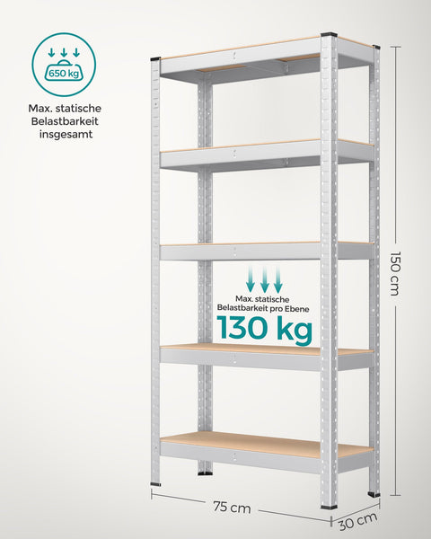 Rootz 2 Pack Storage Rack - Shelving Unit - Metal Shelves - Heavy Duty - Galvanized Steel - MDF - 30cm x 75cm x 150cm - 18.6kg - 130kg Capacity - 650kg Total Capacity