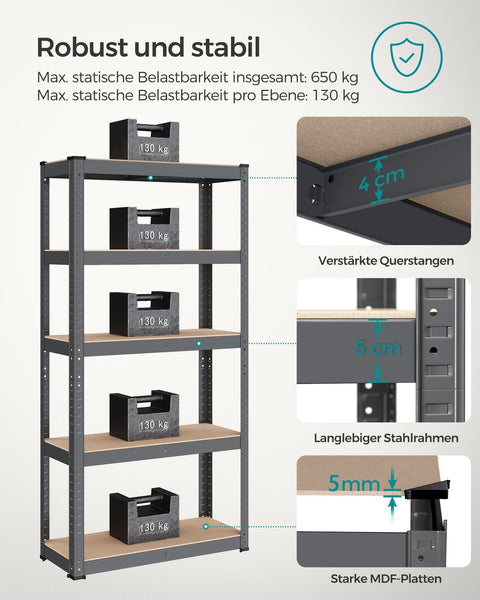Rootz Gray Storage Rack - Shelving Unit - Metal Rack - Galvanized Steel - MDF - Heavy Duty - 30cm x 75cm x 150cm - 9.3kg - 130kg Shelf Capacity - 650kg Total Capacity