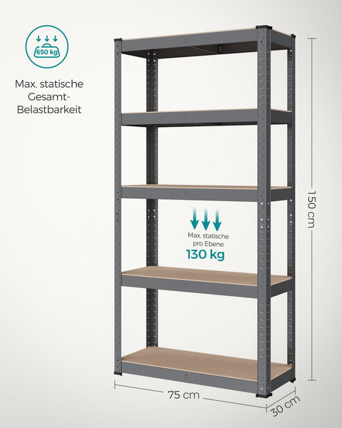 Rootz Gray Storage Rack - Shelving Unit - Metal Rack - Galvanized Steel - MDF - Heavy Duty - 30cm x 75cm x 150cm - 9.3kg - 130kg Shelf Capacity - 650kg Total Capacity
