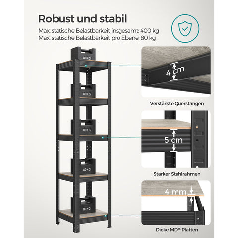 Rootz 3 Tier Stand Shelf - Greige Black - Steel MDF - Storage Organizer - Space Saving - Easy Assembly - 37cm x 37cm x 150cm