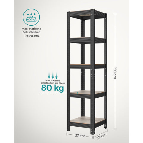 Rootz 3 Tier Stand Shelf - Greige Black - Steel MDF - Storage Organizer - Space Saving - Easy Assembly - 37cm x 37cm x 150cm