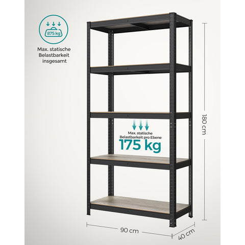 Rootz 5 Tier Stand Shelf - Storage Rack - Organizer - Steel MDF - Greige Black - 40cm x 90cm x 180cm