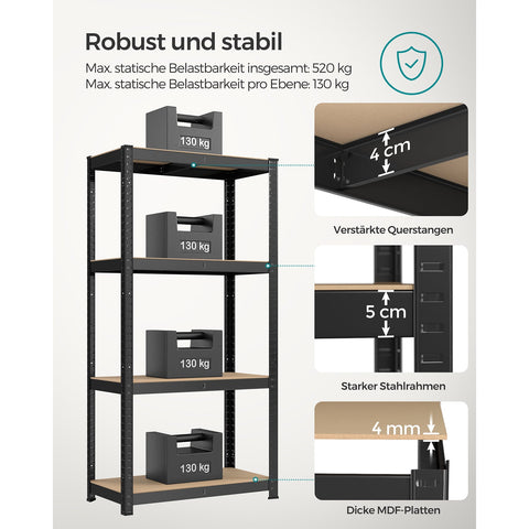 Rootz Heavy Duty Storage Rack - Black Metal Shelf - Organizer Stand - Powder-coated Steel - MDF - 40cm x 80cm x 160cm - 10.5kg - 130kg Capacity - Garage, Kitchen, Office Storage Solution