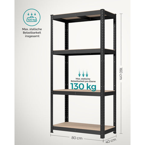 Rootz Black Load Shelf - Storage Rack - Shelving Unit - Powder-coated Steel - MDF - Heavy Duty - 40cm x 80cm x 160cm