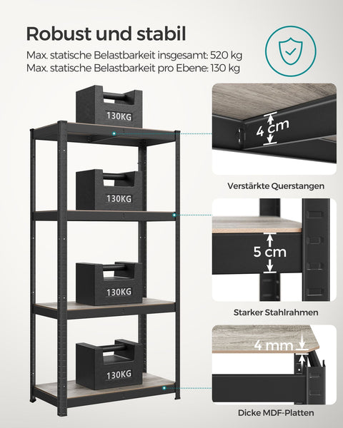 Rootz Standing Shelf - Bookcase - Storage Rack - Adjustable Shelves - Steel & MDF - 40cm x 80cm x 160cm - Greige Black - 130kg Max Load - 10.5kg