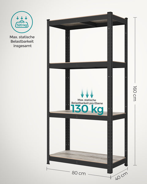 Rootz Standing Shelf - Bookcase - Storage Rack - Adjustable Shelves - Steel & MDF - 40cm x 80cm x 160cm - Greige Black - 130kg Max Load - 10.5kg