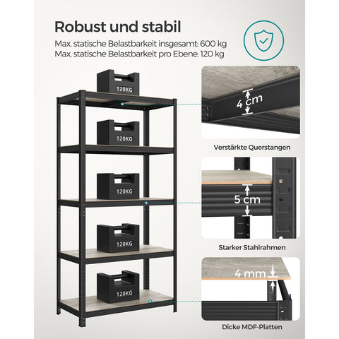 Rootz 3 Tier Stand Shelf - Storage Rack - Organizer - Steel and MDF - Greige Black - 50cm x 100cm x 200cm - Heavy Duty - Easy Assembly - Anti-tip Feature