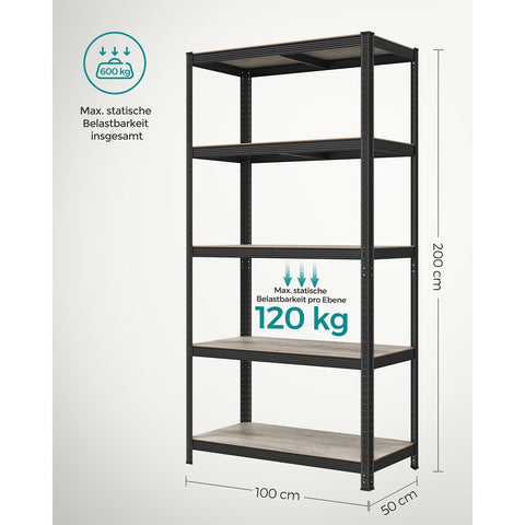 Rootz Adjustable Standing Shelf - Organizer Rack - Storage Unit - Steel and MDF Construction - 50cm x 100cm x 200cm - Greige Black