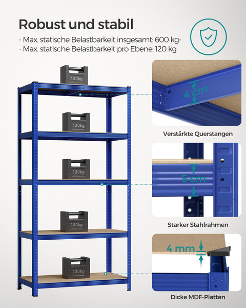 Rootz Storage Rack - Steel Shelving System - Garage Organizer - Reinforced Frame - Adjustable Shelves - 200cm x 100cm x 50cm - Blue
