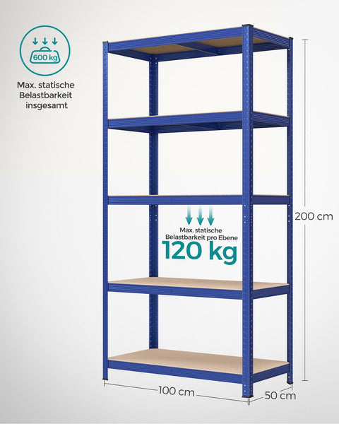 Rootz Storage Rack - Steel Shelving System - Garage Organizer - Reinforced Frame - Adjustable Shelves - 200cm x 100cm x 50cm - Blue