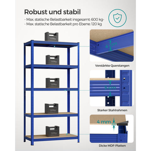 Rootz Blue Storage Rack - Shelving Unit - Metal Racks - Heavy-Duty - 50cm x 100cm x 200cm - Wall-Mountable - 600kg Static Load Capacity