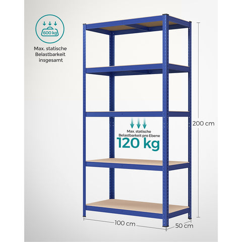 Rootz Blue Storage Rack - Shelving Unit - Metal Racks - Heavy-Duty - 50cm x 100cm x 200cm - Wall-Mountable - 600kg Static Load Capacity