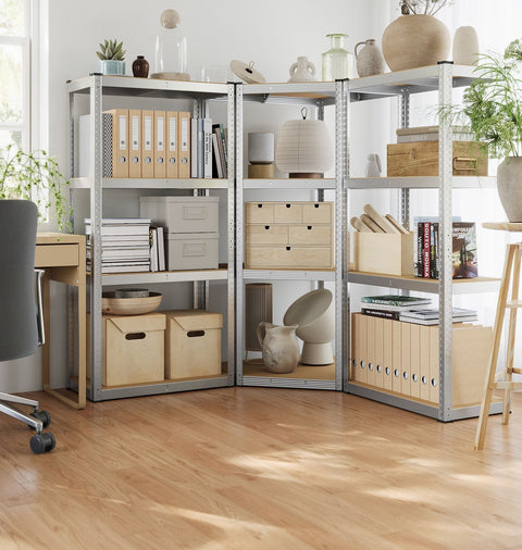 Rootz Corner Shelf Set - Metal Display Shelf - 4 Tier - Silver-Beige - Galvanized Steel, MDF - 160cm x 160cm x 160cm