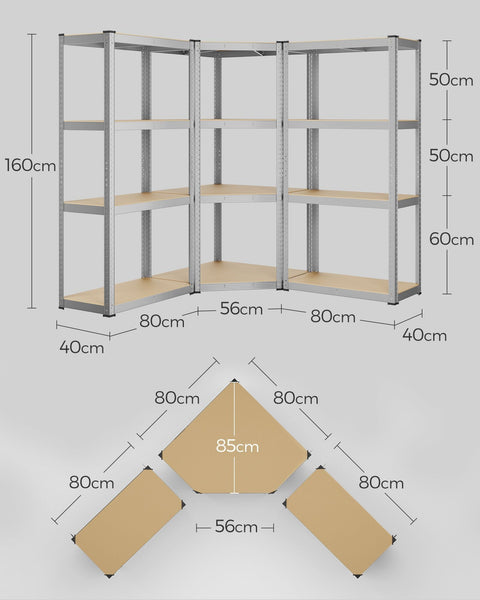 Rootz 3 Piece Set Corner Shelf - Galvanized Steel - MDF - Storage Shelves - Heavy Duty - Easy Assembly - 160cm x 160cm x 160cm