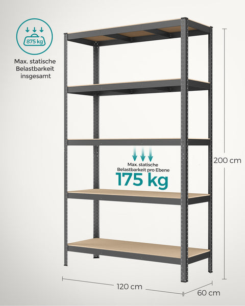 Rootz Gray Storage Rack - Shelving Unit - Organizer - Powder-coated Steel - MDF - Heavy Duty - 60cm x 120cm x 200cm