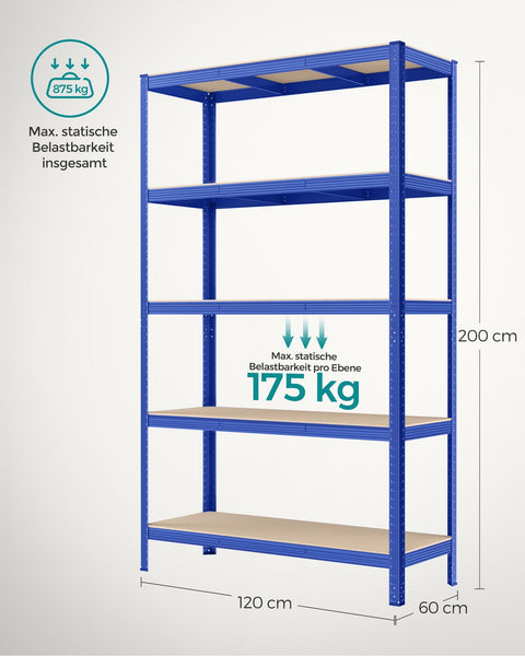 Rootz Garage Storage Rack - Steel Shelving System - Organizing Tool - 175kg Max Load - 200cm x 120cm x 60cm - Wear-Resistant Frame