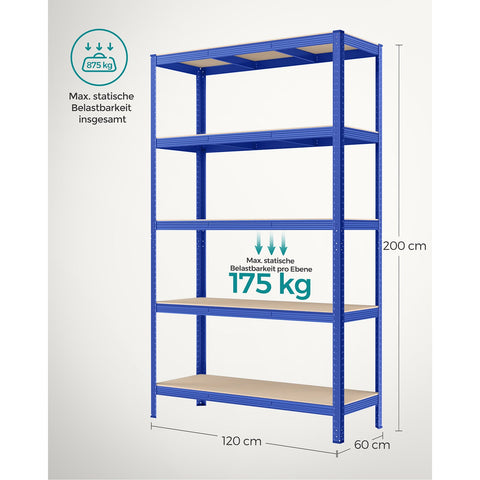 Rootz 2-Pack Blue Storage Rack - Steel Shelf - Heavy Duty - Adjustable Shelves - 60cm x 120cm x 200cm