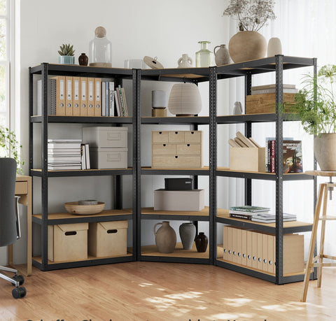 Rootz 5 Tier Corner Shelf Set - Ink Black-Natural Beige - Steel & MDF - 180cm x 180cm x 180cm - 2625kg Load Capacity