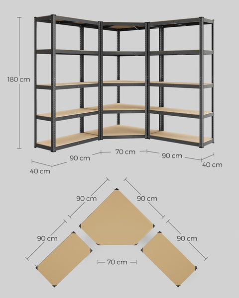 Rootz 5 Tier Corner Shelf Set - Ink Black-Natural Beige - Steel & MDF - 180cm x 180cm x 180cm - 2625kg Load Capacity