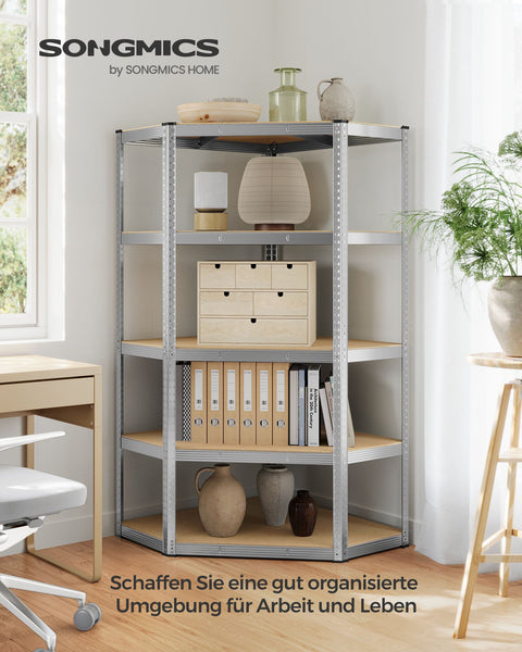 Rootz Corner Shelf - Galvanized Steel - MDF - Tall Bookcase - 90cm x 90cm x 180cm