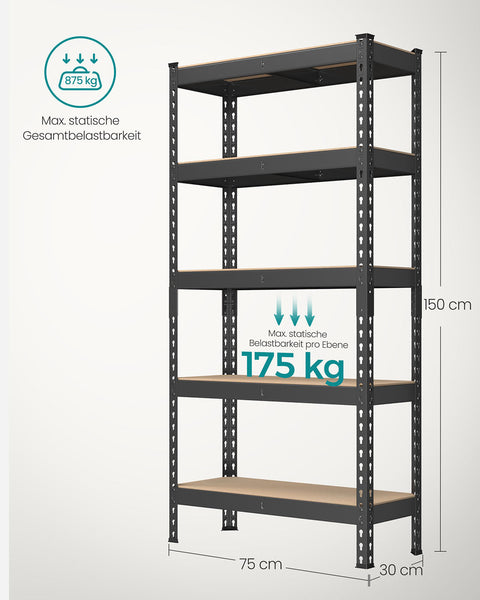 Rootz Heavy Duty Shelf - 5 Tier Storage Unit - Sturdy Rack - 875kg Capacity - Steel & MDF - 30 x 75 x 150 cm