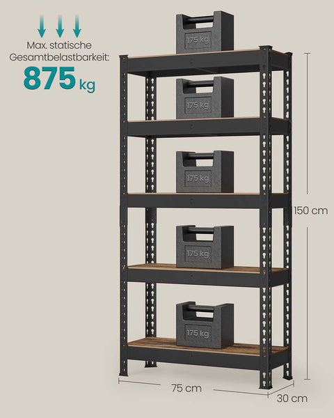 Rootz 5 Tier Heavy-Duty Shelf - Storage Rack - Shelving Unit - Robust Steel - 30cm x 75cm x 150cm