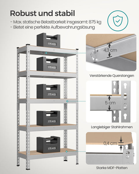 Rootz 5 Tier Heavy-Duty Shelf - Storage Rack - Utility Shelving - 175kg Load Capacity - Steel & MDF - 30cm x 75cm x 150cm - Silver and Brown