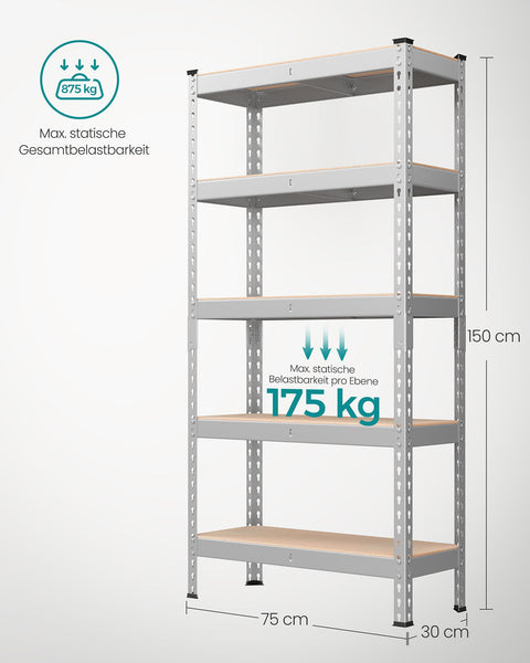 Rootz 5 Tier Heavy-Duty Shelf - Storage Rack - Utility Shelving - 175kg Load Capacity - Steel & MDF - 30cm x 75cm x 150cm - Silver and Brown