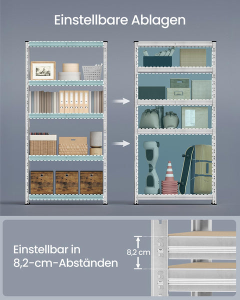 Rootz Silver Storage Shelf - Silver Rack - Steel Organizer - High Load Capacity - 50cm x 100cm x 200cm