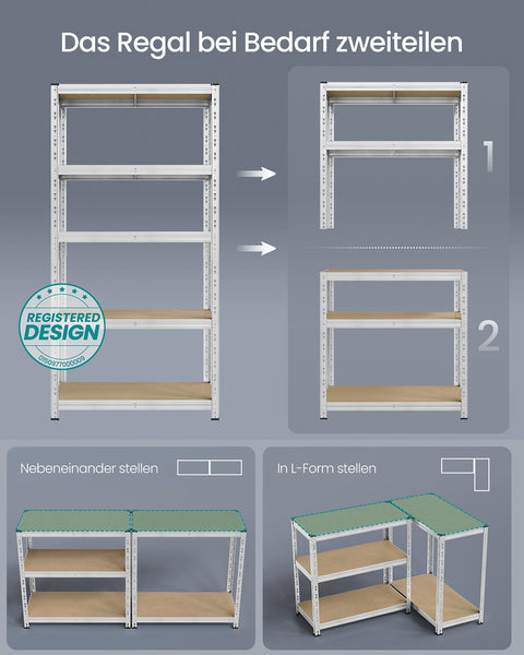 Rootz Silver Storage Shelf - Silver Rack - Steel Organizer - High Load Capacity - 50cm x 100cm x 200cm