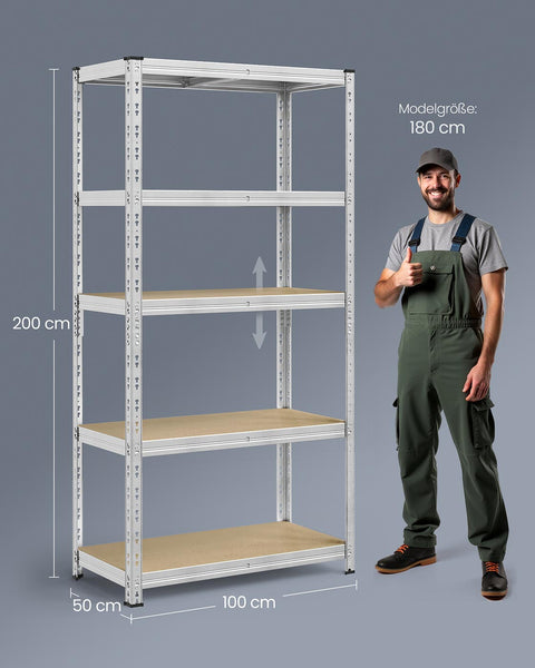 Rootz Silver Storage Shelf - Silver Rack - Steel Organizer - High Load Capacity - 50cm x 100cm x 200cm