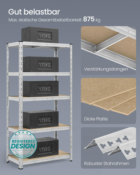 Rootz Silver Storage Shelf - Silver Rack - Steel Organizer - High Load Capacity - 50cm x 100cm x 200cm