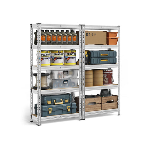 Rootz 2 Piece Storage Shelf Set - Silver Shelving Unit - Steel & MDF Rack - Heavy Duty with 175kg Capacity per Shelf - 30cm x 75cm x 150cm