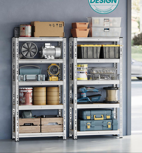 Rootz 2 Piece Storage Shelf Set - Silver Shelving Unit - Steel & MDF Rack - Heavy Duty with 175kg Capacity per Shelf - 30cm x 75cm x 150cm