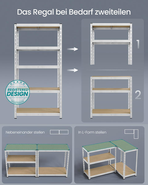 Rootz 2 Piece Storage Shelf Set - Silver Shelving Unit - Steel & MDF Rack - Heavy Duty with 175kg Capacity per Shelf - 30cm x 75cm x 150cm