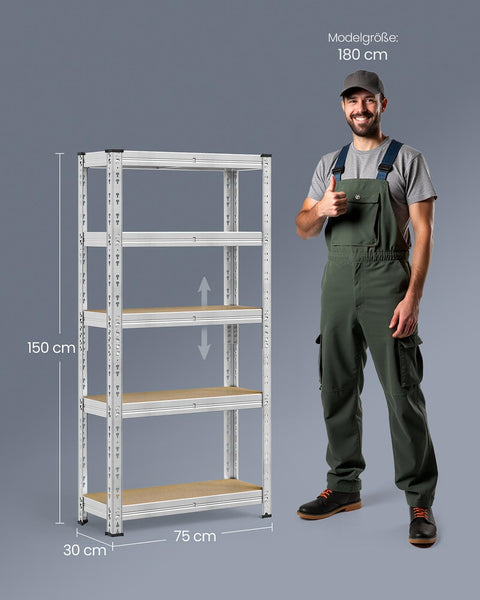 Rootz 2 Piece Storage Shelf Set - Silver Shelving Unit - Steel & MDF Rack - Heavy Duty with 175kg Capacity per Shelf - 30cm x 75cm x 150cm