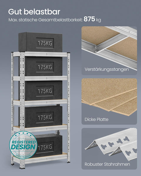 Rootz 2 Piece Storage Shelf Set - Silver Shelving Unit - Steel & MDF Rack - Heavy Duty with 175kg Capacity per Shelf - 30cm x 75cm x 150cm