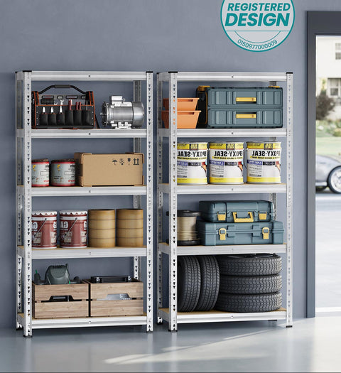 Rootz Silver Storage Shelves - Organize - Durable Steel - MDF Panels - Max Load 875kg - 40 x 90 x 180 cm